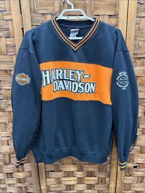 Harley Davidson Vintage Y2K Sweatshirt Black/Orange Logo Sz XL Embroidered
